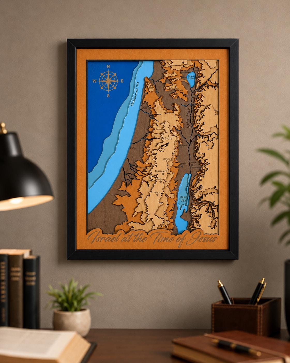 3D Holy Land Art, Israel at the Time of Jesus Layered Wood Map, Christian Office Decor & Biblical Wall Art