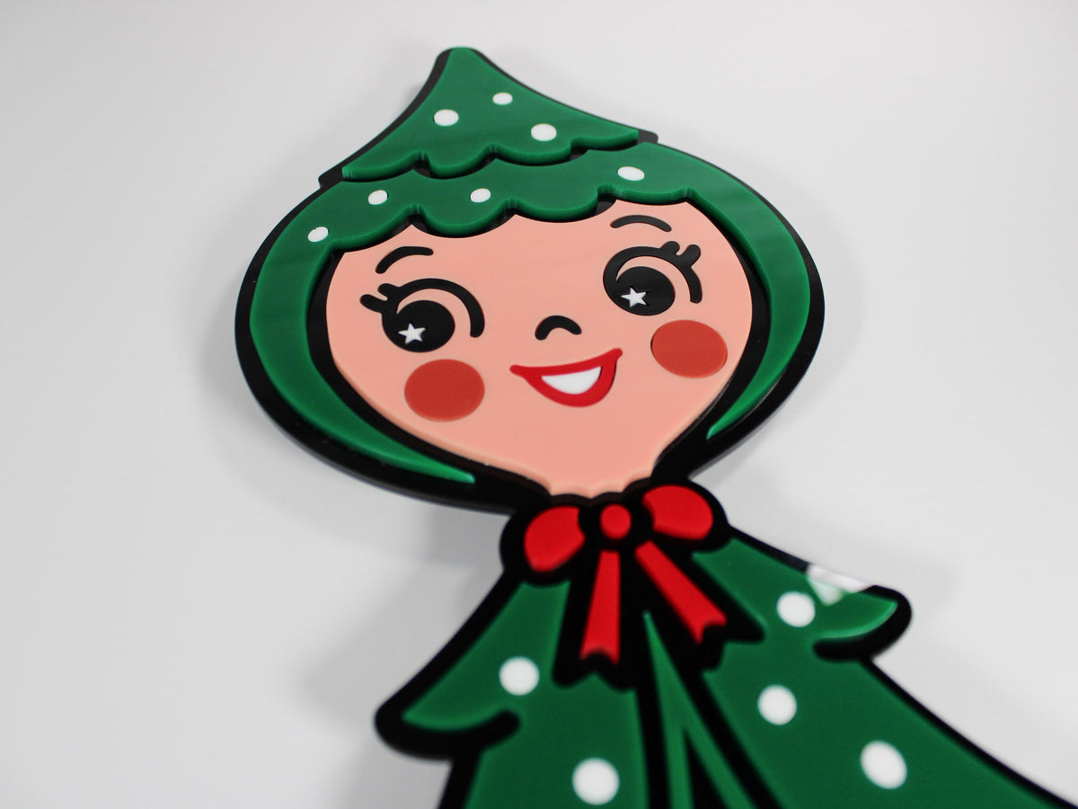 Tree Twins – Retro Christmas Tree Girl Wall Art – Mid Century Holiday Decor – Vintage Inspired Acrylic Christmas Wall Hanging