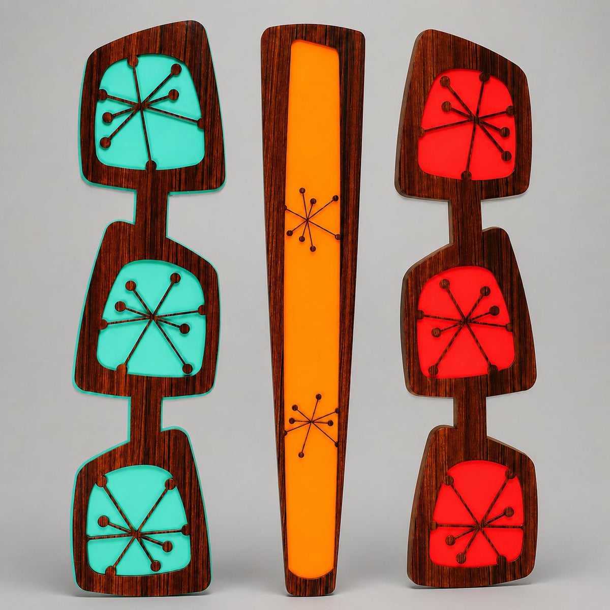 Wooded Starblocks 3 Piece Wall Art Set, Mid Century Modern Acrylic Decor, Retro Atomic Wall Sculpture, Wood Look MCM Art