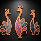 Glitter Critters Peacock Trio | Mid Century Modern Peacock Wall Art | Retro Glitter Bird Decor | 3 Piece MCM Wall Set