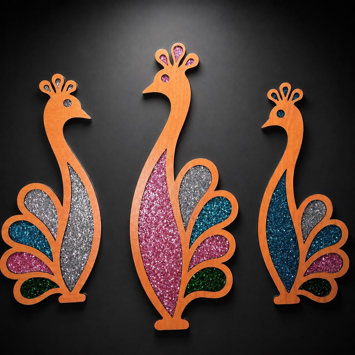 Glitter Critters Peacock Trio | Mid Century Modern Peacock Wall Art | Retro Glitter Bird Decor | 3 Piece MCM Wall Set
