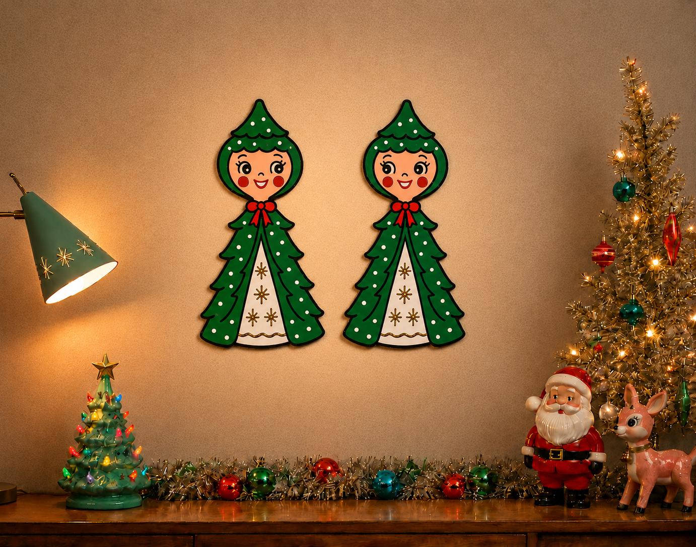 Tree Twins – Retro Christmas Tree Girl Wall Art – Mid Century Holiday Decor – Vintage Inspired Acrylic Christmas Wall Hanging
