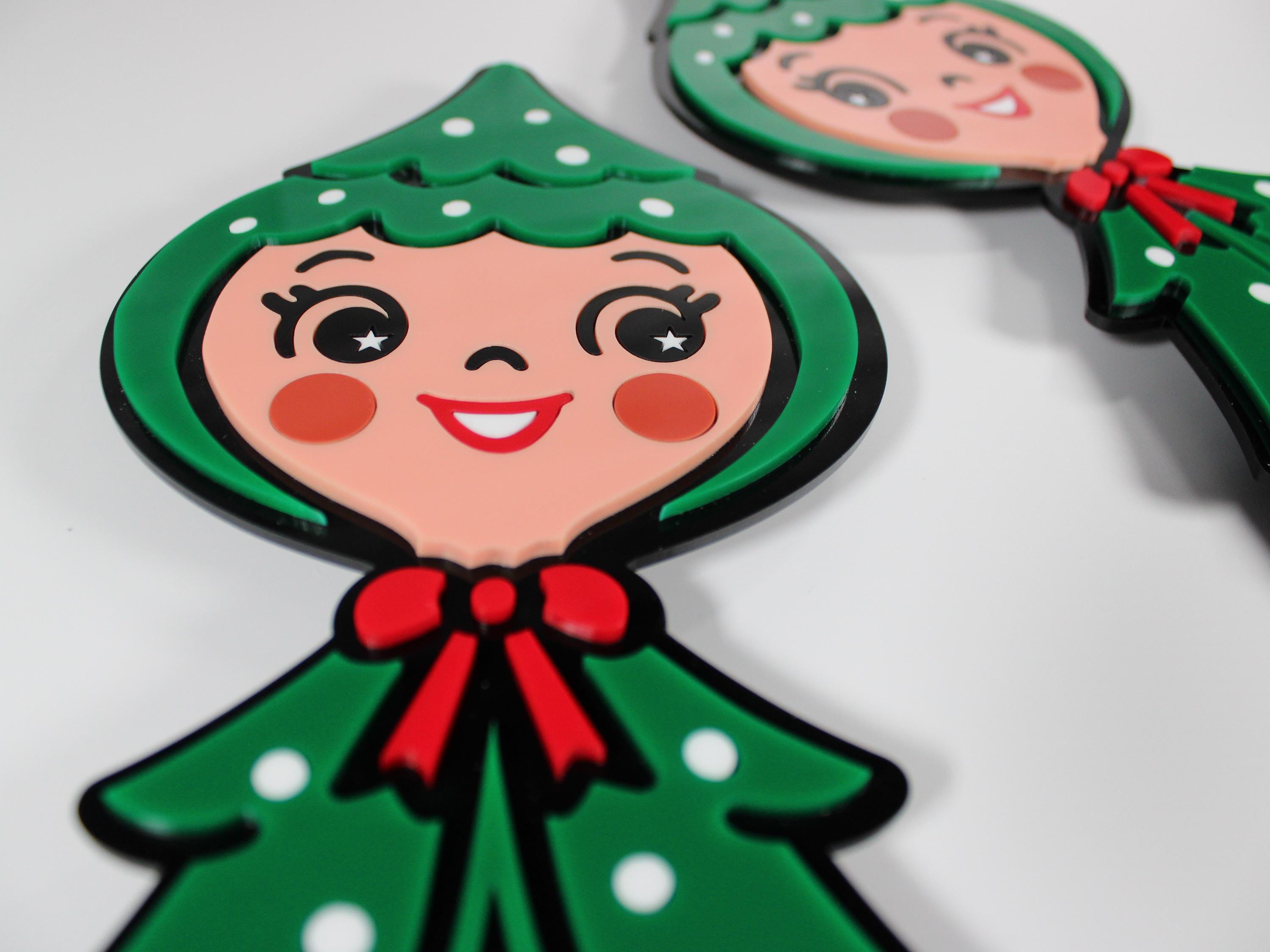 Tree Twins – Retro Christmas Tree Girl Wall Art – Mid Century Holiday Decor – Vintage Inspired Acrylic Christmas Wall Hanging