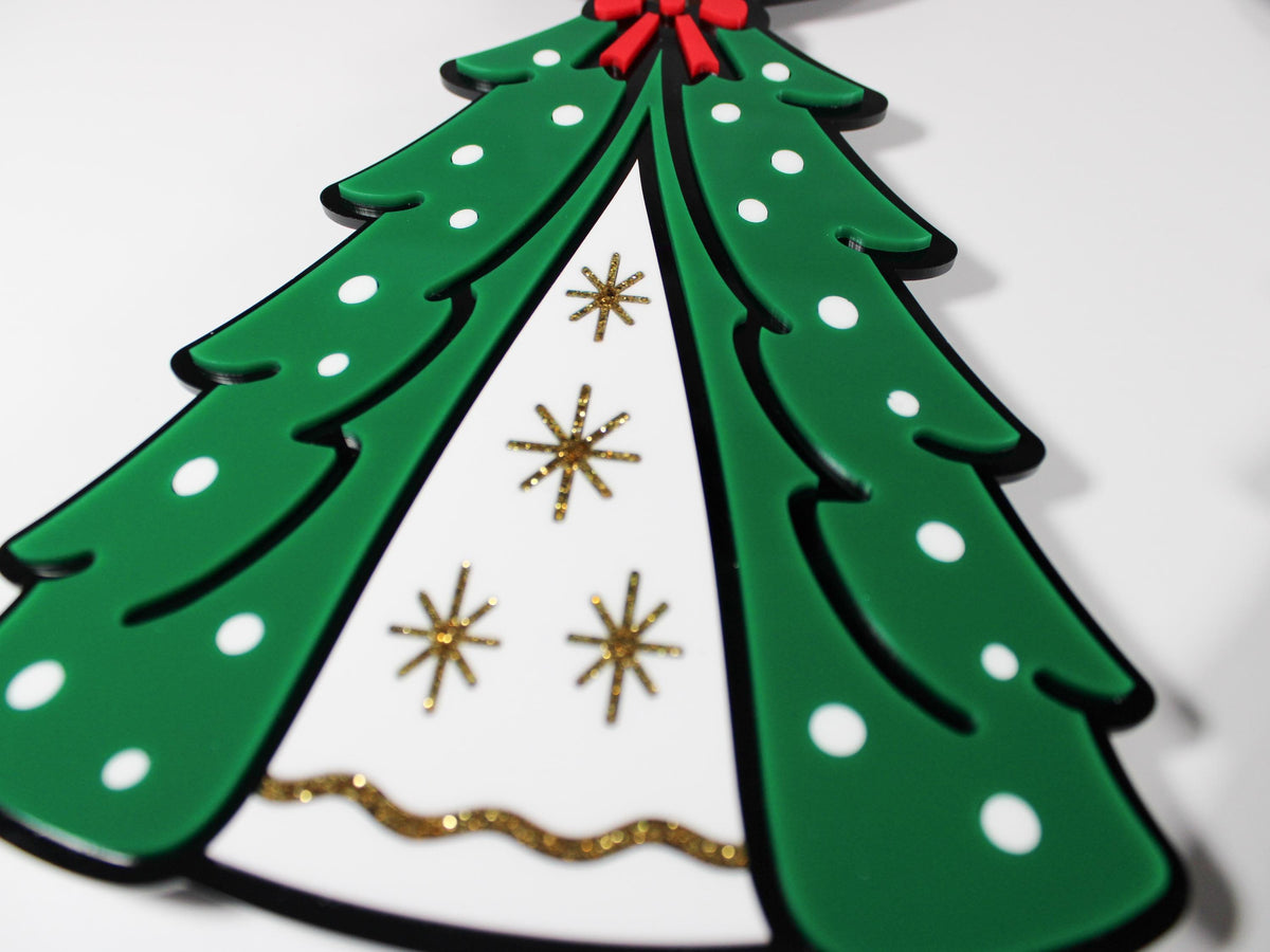 Tree Twins – Retro Christmas Tree Girl Wall Art – Mid Century Holiday Decor – Vintage Inspired Acrylic Christmas Wall Hanging