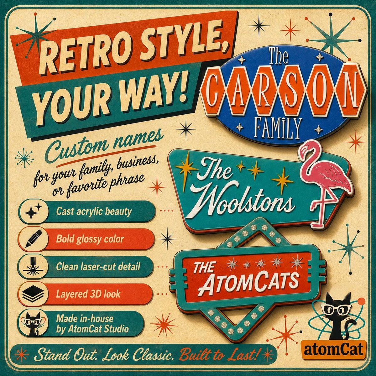 Personalized Family Marquee Sign, Retro Mid Century Modern Acrylic Family Sign, Custom Indoor Outdoor Wall Decor