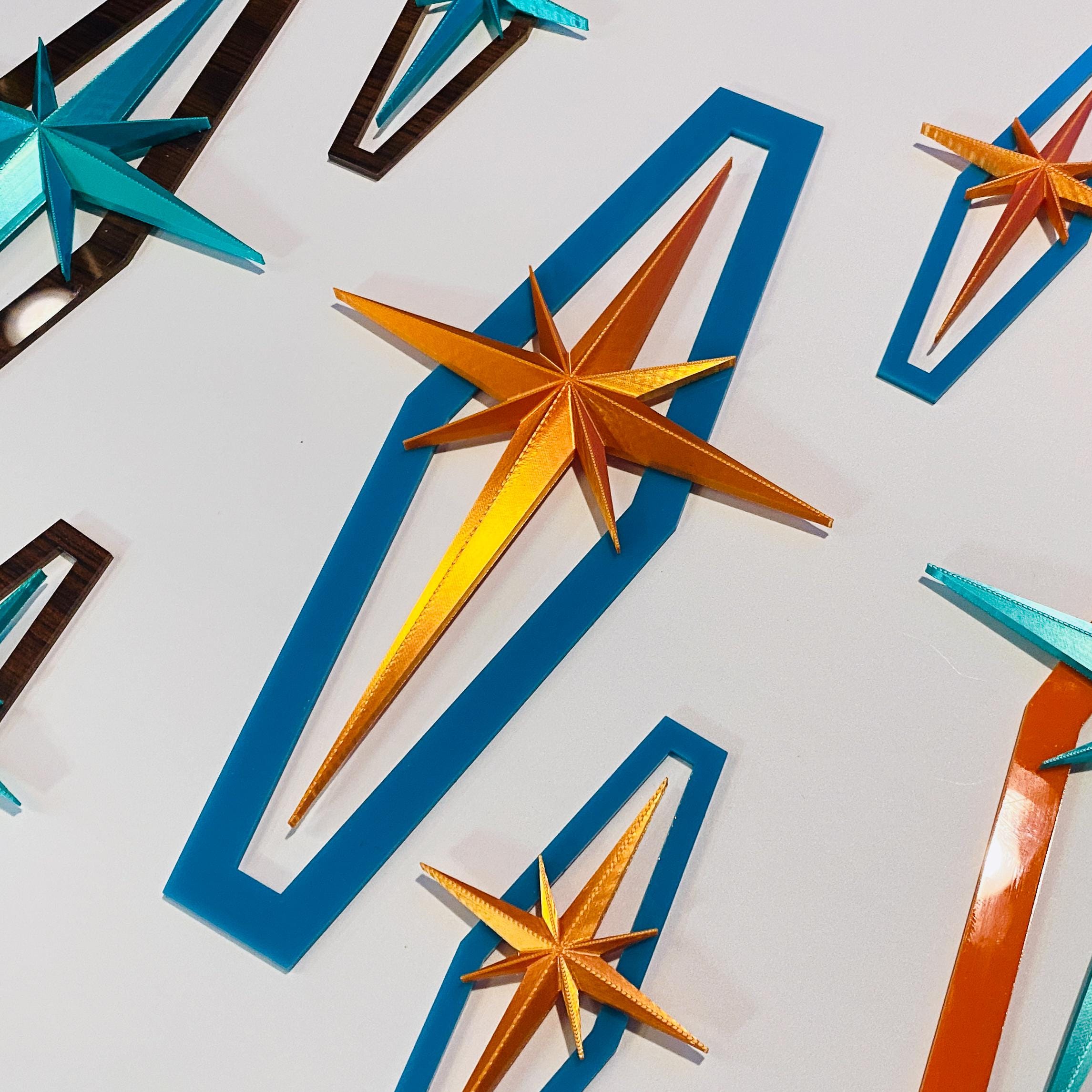 Atomic Shields – Mid Century Modern Starburst Wall Art – Retro Atomic Decor – Acrylic & PLA Wall Art – Set of 3 or Individual