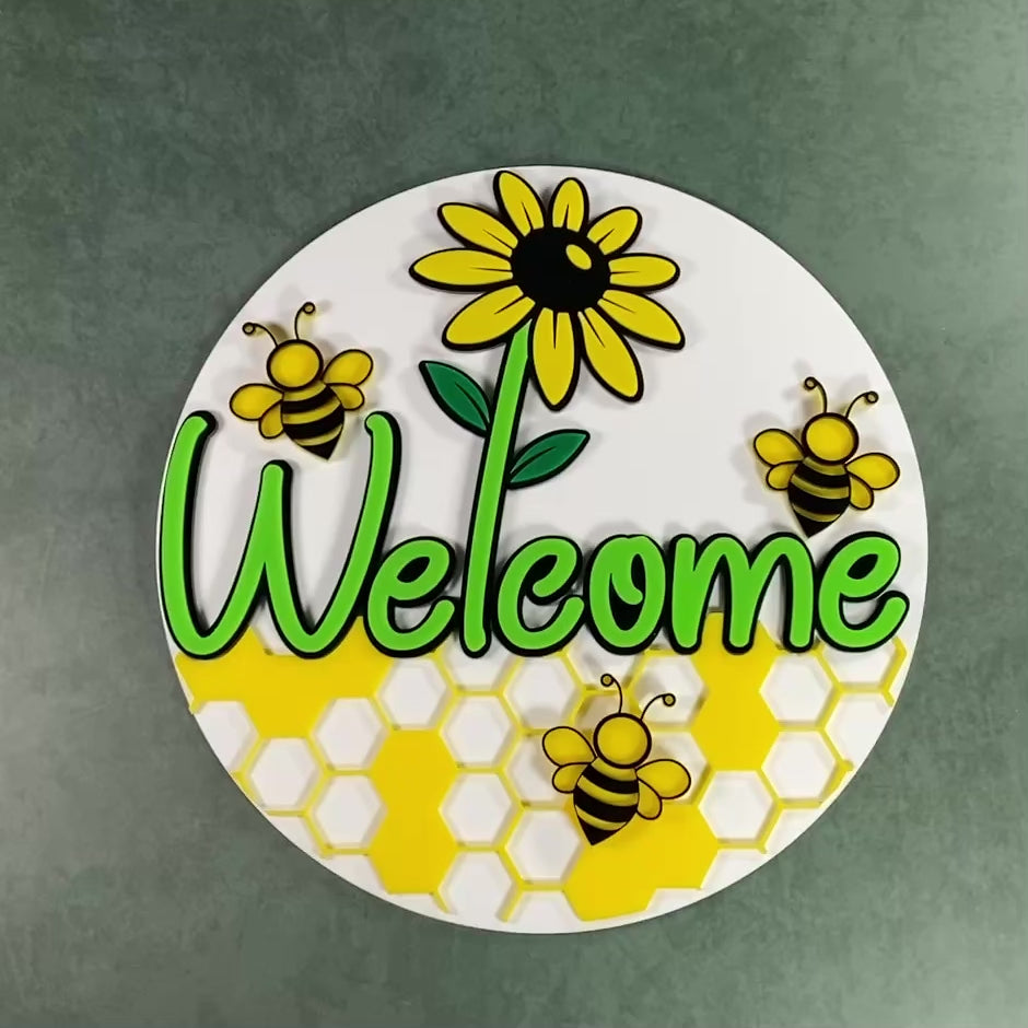 Honeybee Hello Sign, 16 Inch Round Bee Welcome Sign, Sunflower and Honeycomb Acrylic Door Décor, Spring Entryway Sign