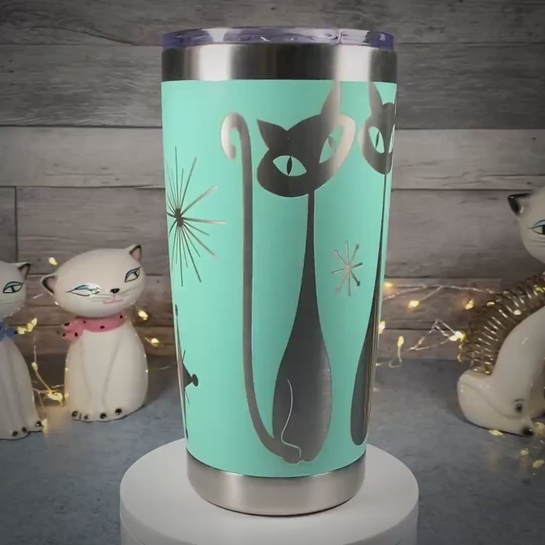 Mid Century Modern Cat Tumbler – Atomic Teal, Sexton Style 20oz Travel Mug