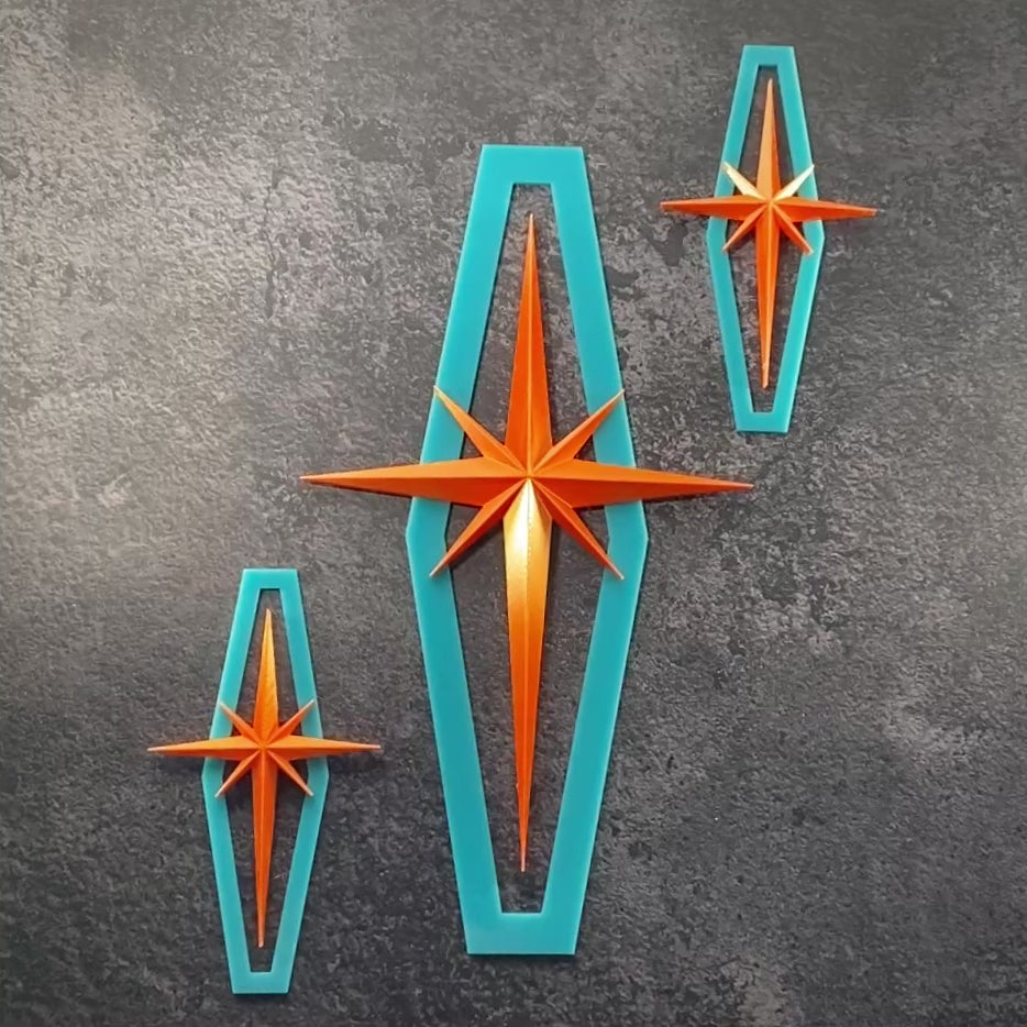 Atomic Shields – Mid Century Modern Starburst Wall Art – Retro Atomic Decor – Acrylic & PLA Wall Art – Set of 3 or Individual